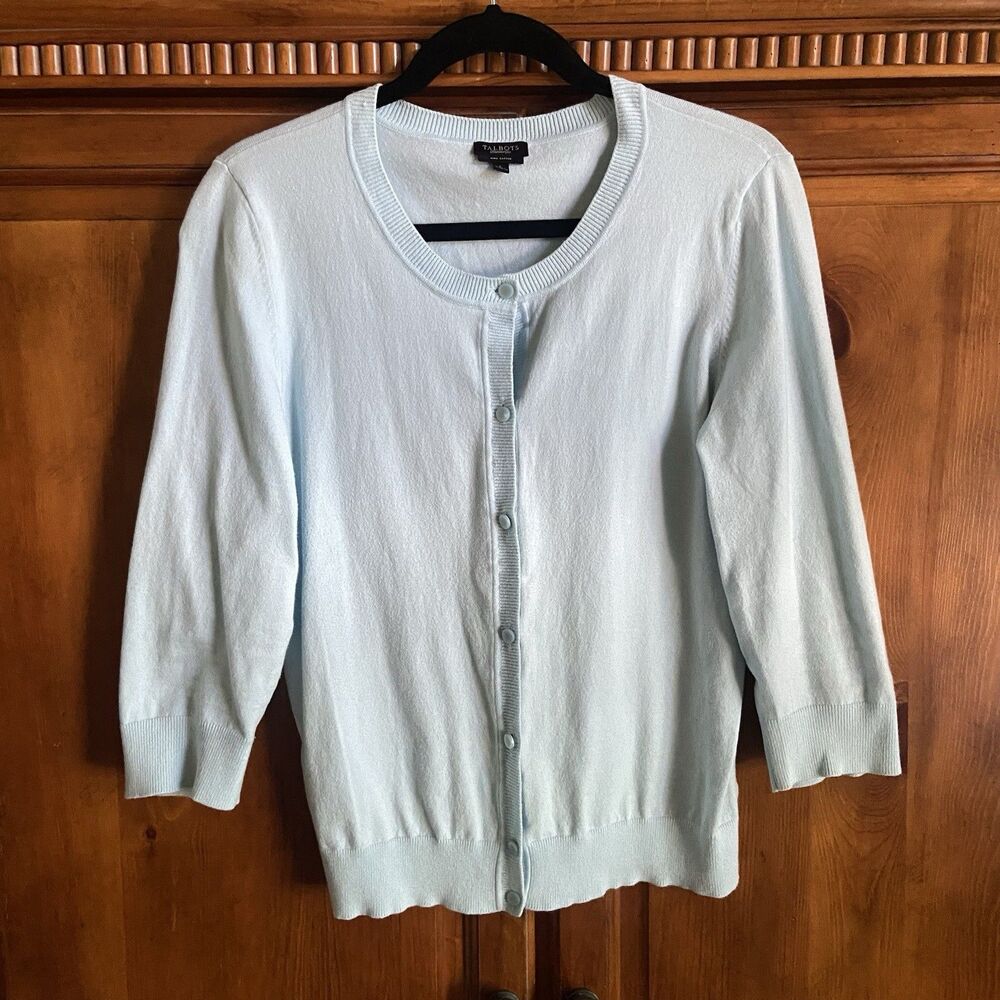 Talbots Pima Cotton Button Up Knit Cardigan Size L Pastel Baby Blue 3/4 Sleeve